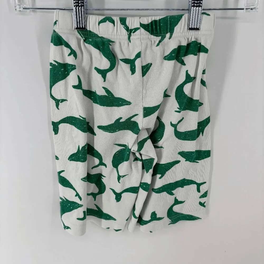 Mini Boden Kid's White Green Elastic Waist Sea Pine Shark Print Shorts Size 5-6y